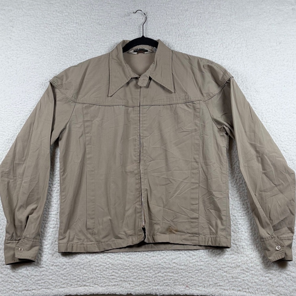 Vintage 70s Fruit of the Loom Jacket Men M Tan Swing Golf Zip Shirt Utility Work